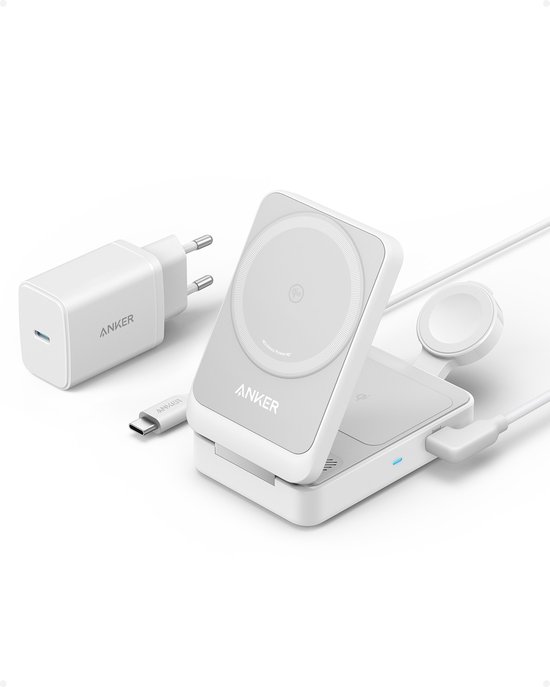 Anker MagGo 3-in-1 Draadloos Oplaadstation – 15W Wireless Charger – Qi2-gecertificeerd – Voor iPhone 14/15, Apple Watch en AirPods – Inklapbaar en Compact Ontwerp – Inclusief 40W USB-C Adapter – Wit