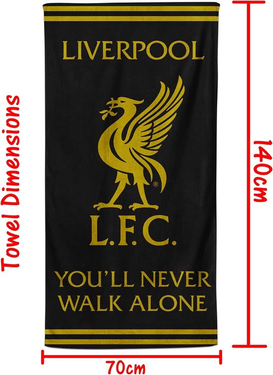 Liverpool Voetbal Crest Zwart & Goud Strandbadhanddoek 100% Katoen LFC Badhanddoek Liverpool Gift voor Tieners Mannen Kinderen 70 x 140 cm