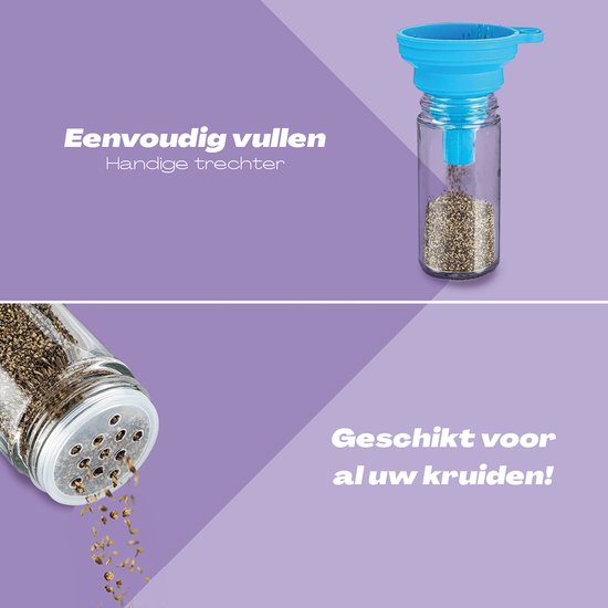 Glazen potje gevuld met kruiden met een blauwe trechter.