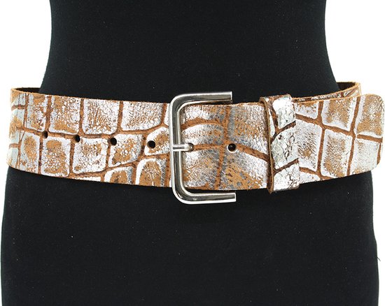 Thimbly Belts Dames ceintuur zilver vintage kroko - dames riem - 6 cm breed - Zilver - Echt Leer - Taille: 95cm - Totale lengte riem: 110cm