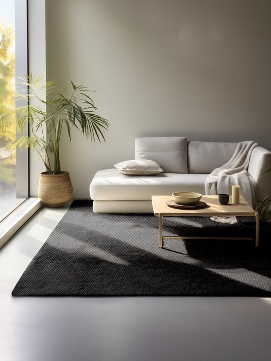 Flycarpets Bouclé Jute Handgeweven vloerkleed - Jaipur - Zwart - 160x230 cm