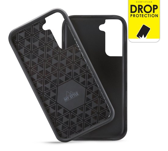 Coque de téléphone MY STYLE noire, intérieur avec motif géométrique.
