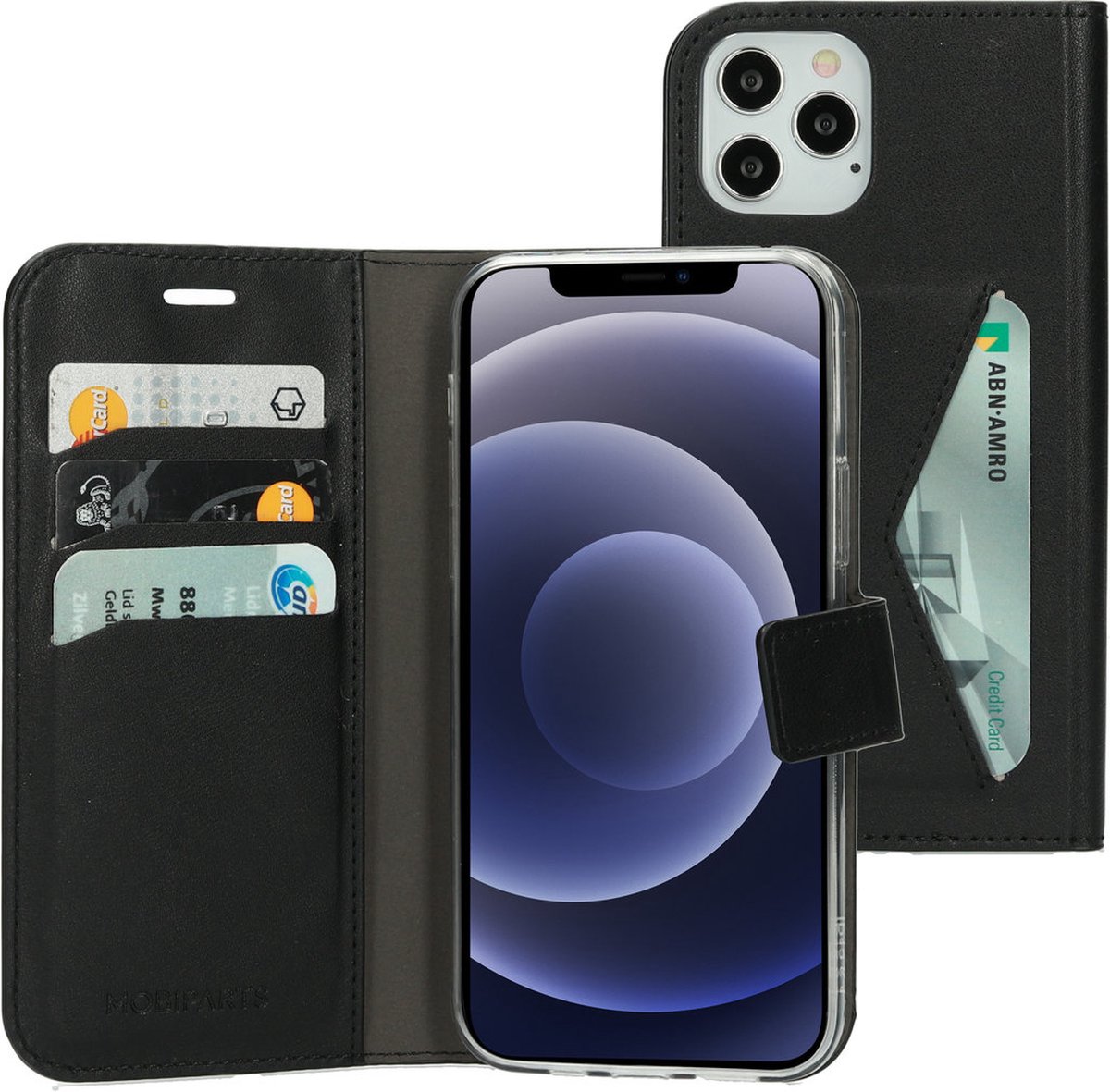 Mobiparts Telefoonhoesje geschikt voor Apple iPhone 12 Pro Hoesje | Mobiparts Classic Wallet Bookcase Portemonnee | Pasjeshouder voor 4 Pasjes | Telefoonhoesje voor Pinpas / OV Kaart / Rijbewijs - Zwart