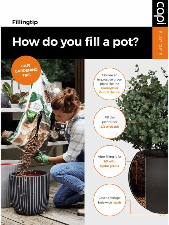 Informatieve poster over het vullen van bloempotten met Capi Europe branding.
