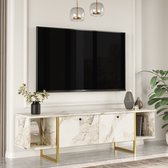 Meuble TV 2 portes et 2 étagères - Effet marbre Wit et doré - DERANA L 160 cm x H 47,6 cm x P 40 cm
