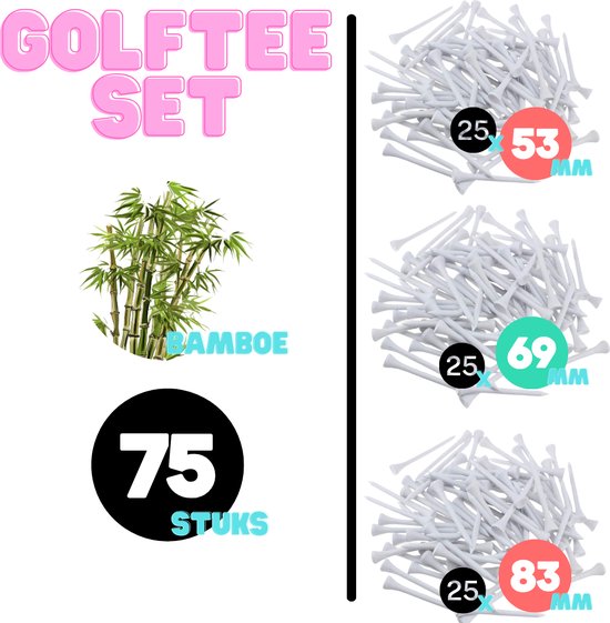Golftee set met 75 stuks bamboe golftees in 3 maten: 25 x 53mm, 25 x 69mm, 25 x 83mm.