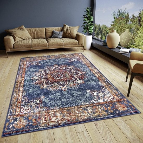 Foto: Flycarpets klassiek vintage vloerkleed maderno blauw multi 80x120 cm