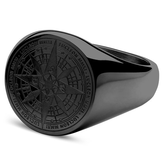 Lucleon - Zwarte gepolijste roestvrijstalen zegelring voor heren met kompas