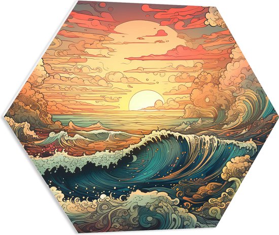 PVC Schuimplaat Hexagon - Schilderij - Oceaan - Zee - Golven - Zonsondergang - Wolken - Kleuren - 60x52.2 cm Foto op Hexagon (Met Ophangsysteem)