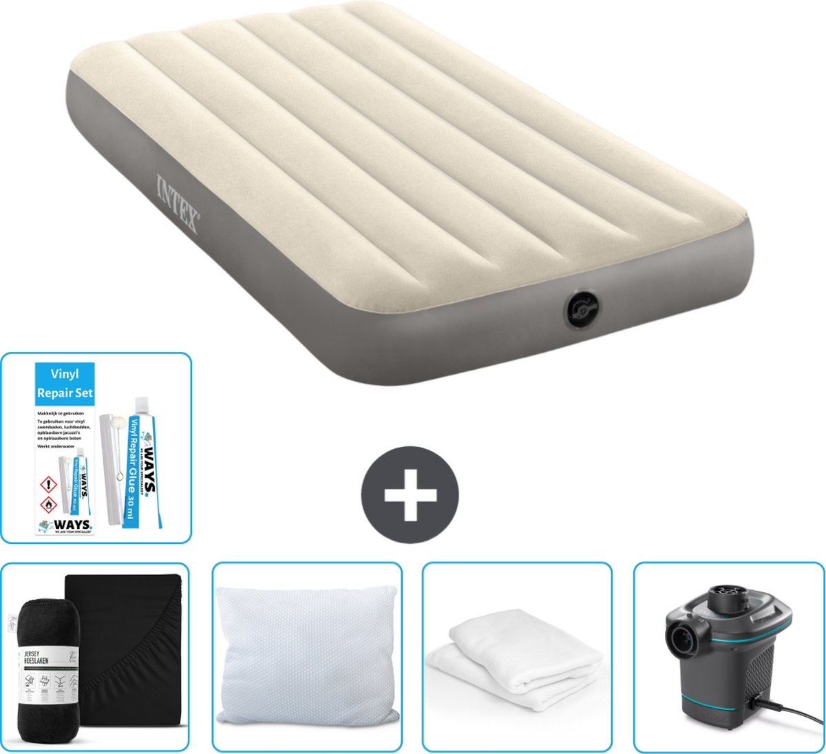 Intex Luchtbed - 1-Persoons - 99 x 191 x 25 cm - Beige - Inclusief Hoeslaken - Kussen - Pomp - Reparatieset en Kussenbeschermer
