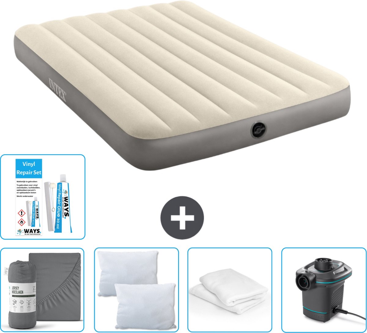 Intex Luchtbed - Twijfelaar - 137 x 191 x 25 cm - Beige - Inclusief Hoeslaken - Kussen - Pomp - Reparatieset en Kussenbeschermer