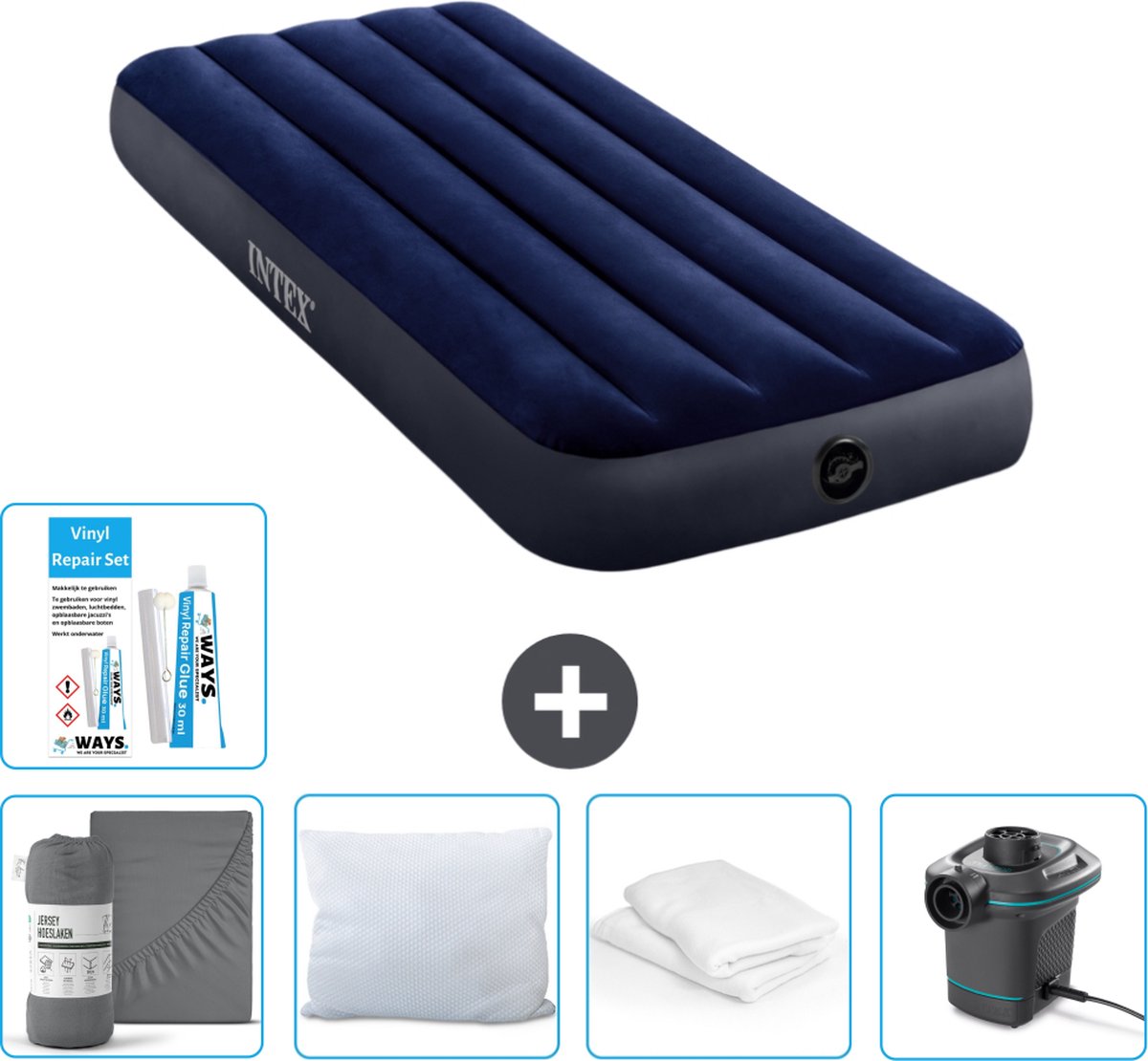 Intex Luchtbed - 1-Persoons - 76 x 191 x 25 cm - Blauw - Inclusief Hoeslaken - Kussen - Pomp - Reparatieset en Kussenbeschermer