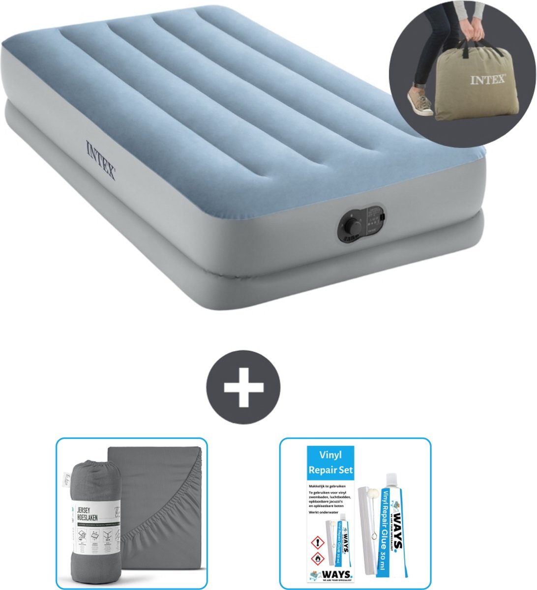 Intex Luchtbed - 1-Persoons - 99 x 191 x 36 cm - Blauw/Grijs - Inclusief pomp - Hoeslaken en Reparatieset