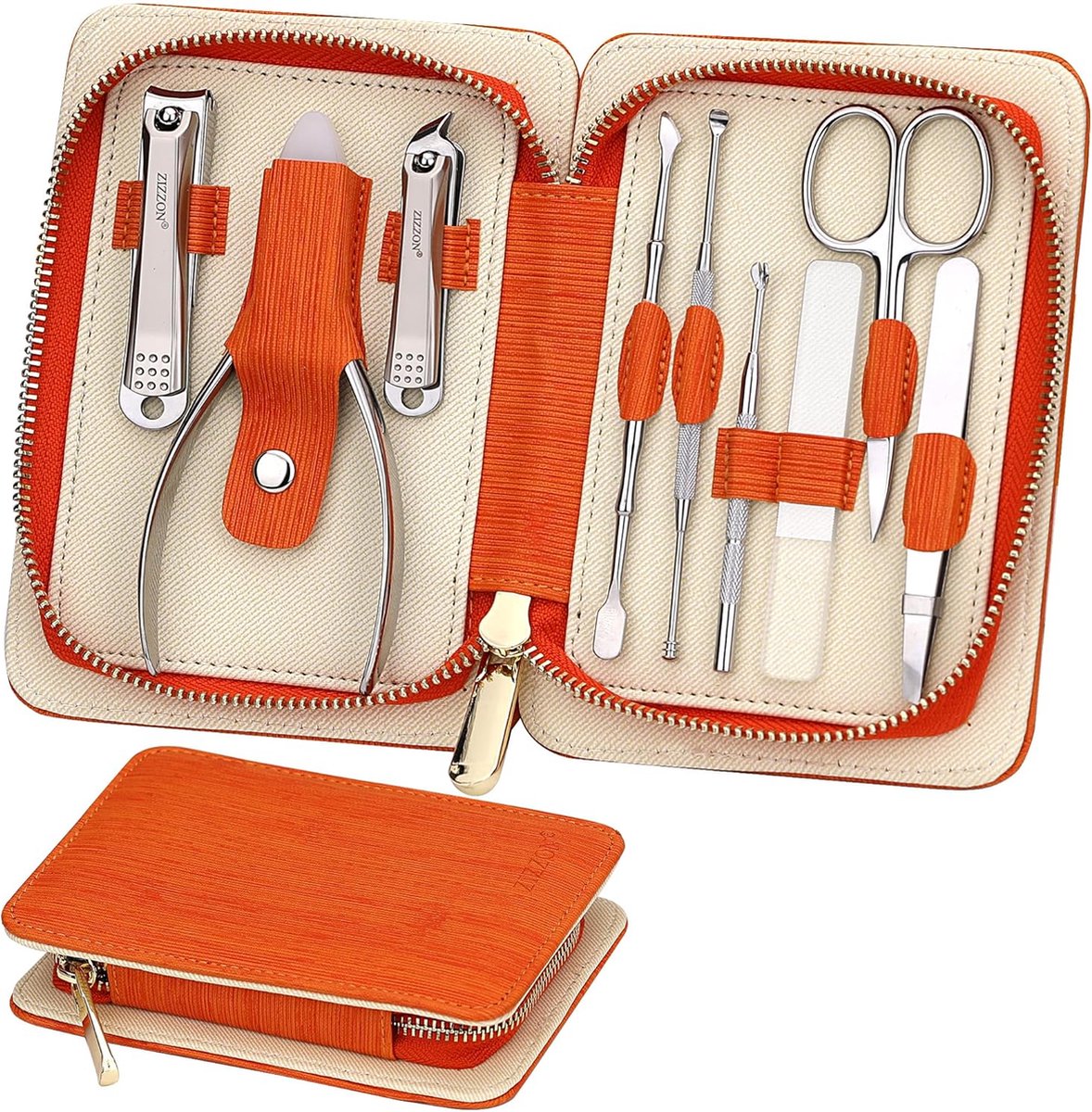 Manicureset professionele roestvrijstalen nagelknipper 9-in-1 pedicure- en verzorgingsset met reisetui (oranje)