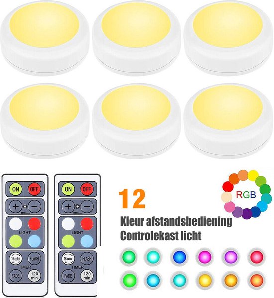 Keukenverlichting - kastverlichting - LED onderbouwverlichting - Dimbaar Draadloze -voor Badkamer, Slaapkamer, Keuken, Woonkamer, Garderobe, Kast, Trap, Gang, Auto -6 stuks - 16 kleuren - met 2 Afstandsbediening