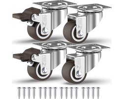 GBL Zwaarlast Zwenkwielen + Schroeven - 25 mm tot 40 KG - 4 Stuks Geen Vloersporen Stille Zwenkwielen voor Meubels - Kleine Rubberen Trolleywielen - Zilver