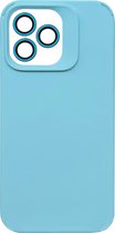 Casemania Hoesje Geschikt voor Apple iPhone 15 Pro Max - Licht Blauw - Liquid Siliconen Back Cover - Met Camera Lens Protector