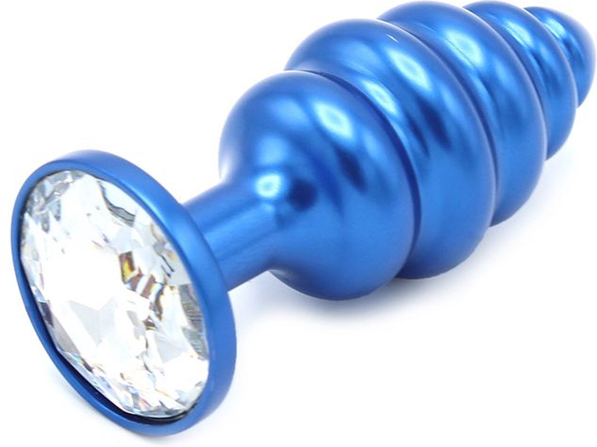 Aluminum Geribbelde Buttplug met kristal - blauw
