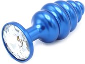 Plug anal nervuré en aluminium avec cristal - bleu
