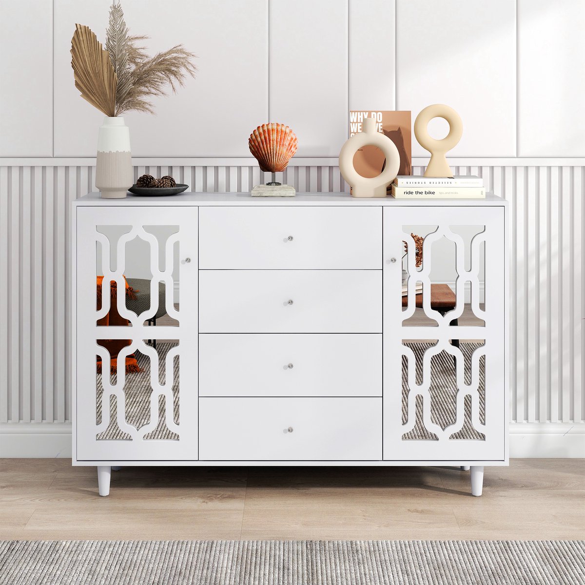Sweiko Wit gespiegeld dressoir met koele kristallen handvatten, voor woon- en eetkamer, 147.5 x 40 x 102cm