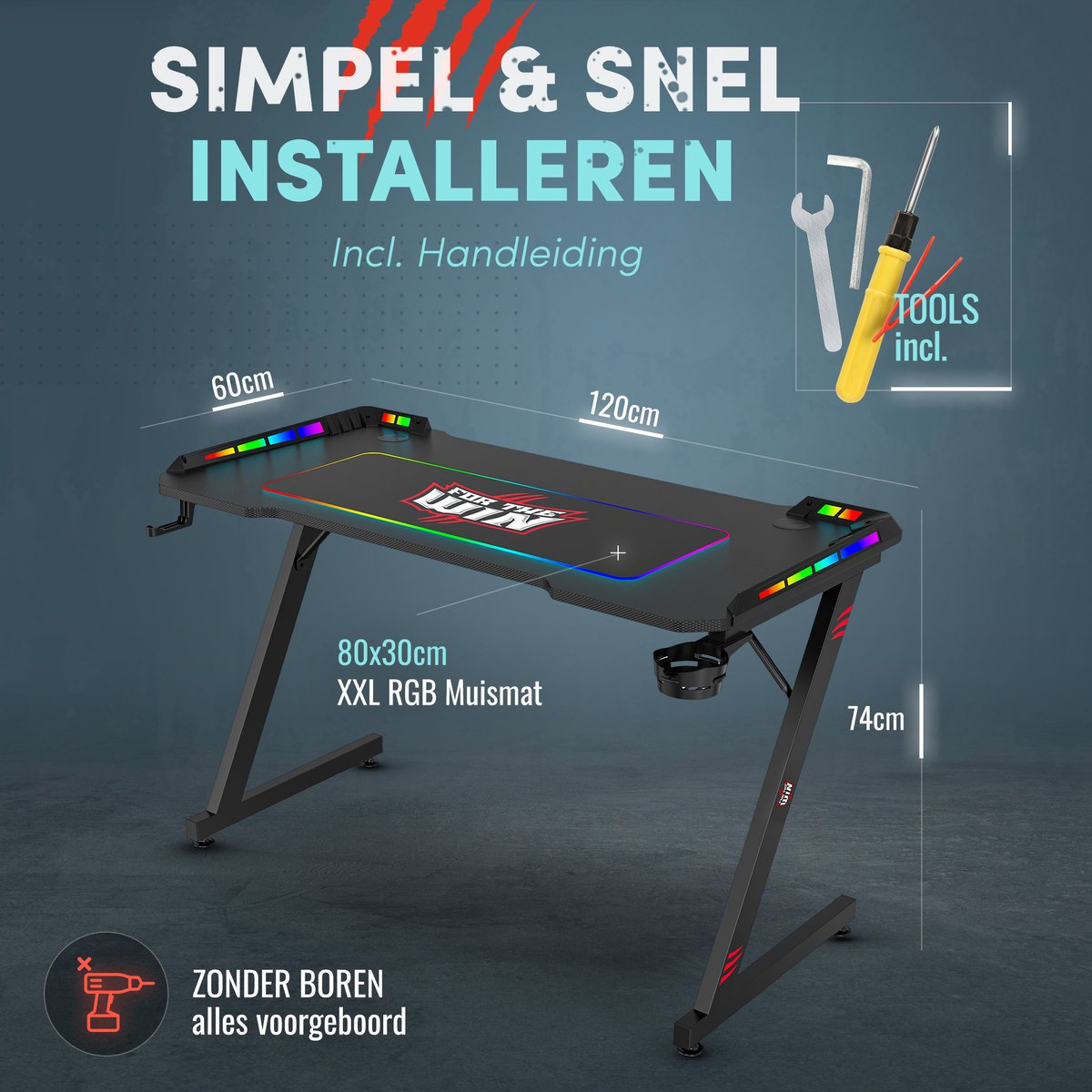 For The Win® For The Win Gaming Bureau met LED Verlichting - Game Bureau - Incl. RGB Muismat - Gaming Desk - Computer Tafel - Gaming Tafel