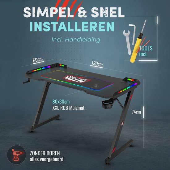 Zwarte game bureau met RGB LED-verlichting, XXL RGB muismat en afmetingen 120x60x74cm.