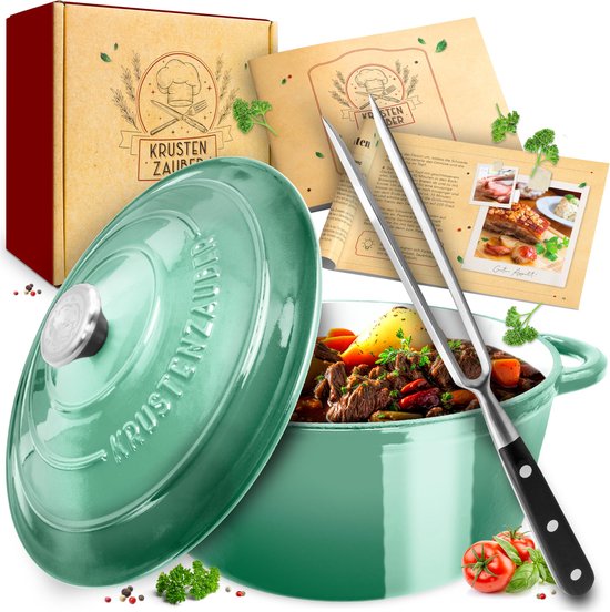 KRUSTENZAUBER Gietijzeren pan [incl. vleesvork] - robuuste 26 cm gietijzeren braadpan met deksel geschikt voor de oven - ideaal als stoofpan, inductie, Dutch Oven set, Kazan, Cast Iron Pot, kookpan