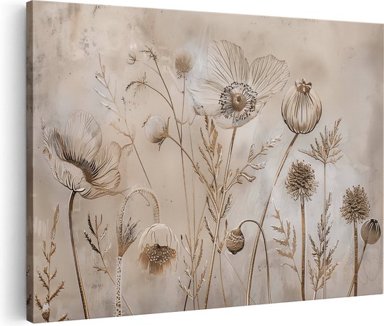 Artaza Canvas Schilderij Kunstwerk van Bloemen op een Beige Achtergrond - 120x80 - Groot - Foto Op Canvas - Canvas Print