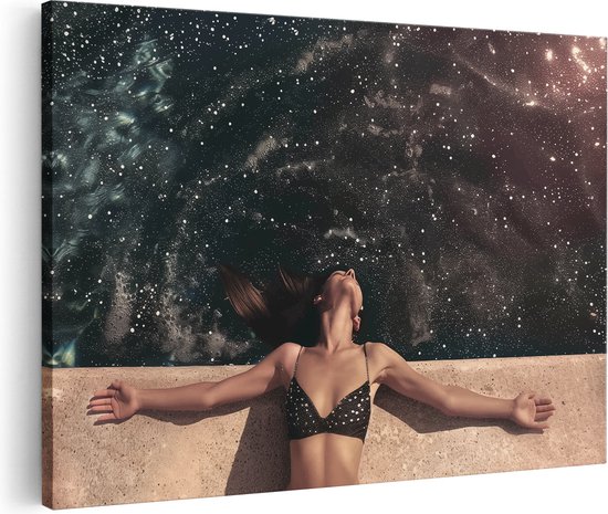 Artaza Canvas Schilderij Vrouw in een Bikini Liggend op de Rand van een Zwembad met haar Armen Uitgestrekt - 120x80 - Groot - Foto Op Canvas - Canvas Print