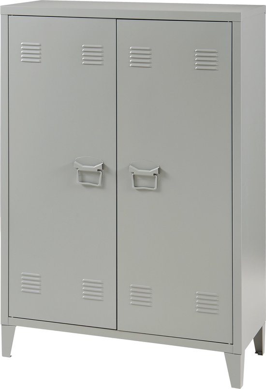 Gesloten grijze metalen kast met dubbele deuren, ventilatieroosters en handgrepen, op schuine pootjes.