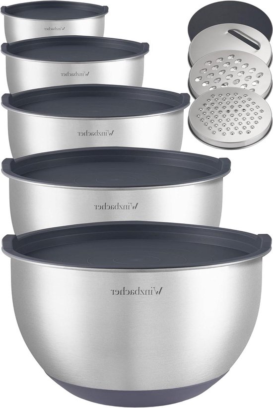 Winzbacher roestvrijstalen schaal met GLAS-deksel [3-delig] 1 l 2,5 l 4,5 l | mengkom, slakom, schaalset | antislip | stapelbaar | geschikt voor de vaatwasser