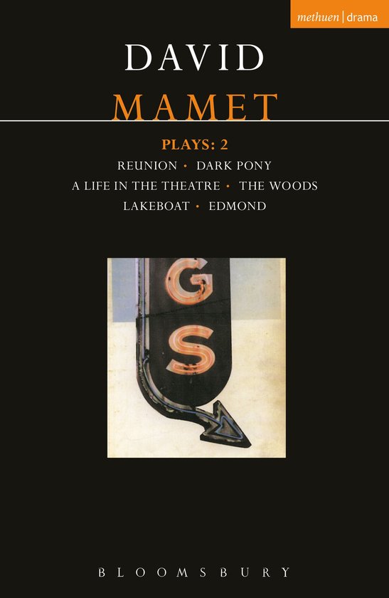 Boek "David Mamet Plays: 2" met een oude neonreclame met de letters G en S erop.