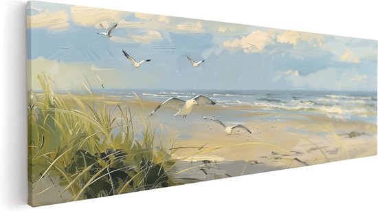 Artaza Canvas Schilderij Kunstwerk van Meeuwen op een Strand - 90x30 - Muurdecoratie - Foto Op Canvas - Canvas Print