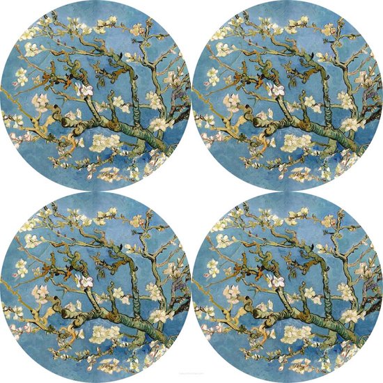 Bertoni - Placemats - tafelmatten set van 4 stuks - rond - 33 cm, Amandel - lichtblauw
