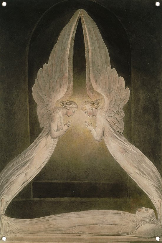 Christus in het graf, bewaakt door engelen - William Blake tuinposter - Engelen posters - Tuinposter Mythisch - Muurdecoratie buiten - Schuttingdoek - Decoratie tuin tuinposter 100x150 cm