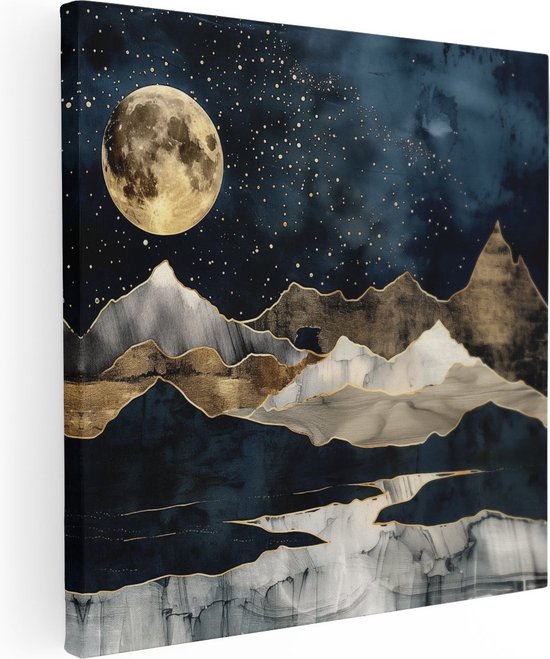 Artaza Canvas Schilderij Nachtelijke Hemel met Bergen en een Volle Maan - 80x80 - Groot - Foto Op Canvas - Canvas Print