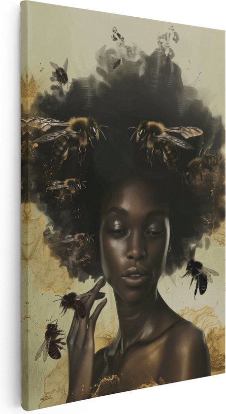 Artaza Canvas Schilderij Vrouw met een Afro Omringd door Bijen - 20x30 - Klein - Foto Op Canvas - Canvas Print