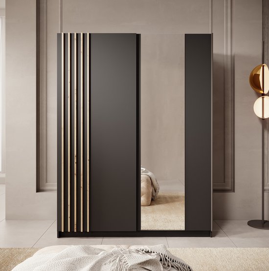 Meubella - Armoire Boets - Zwart - Chêne - 150 cm - Avec miroir