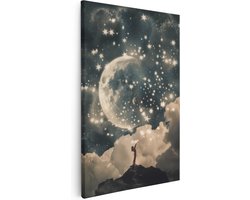 Artaza Canvas Schilderij Meisje Kijkt Omhoog naar de Maan en de Sterren - 40x60 - Wanddecoratie - Foto Op Canvas - Canvas Print