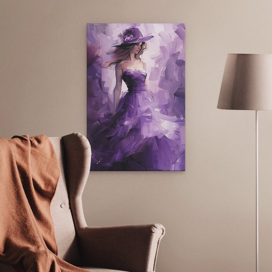 Artaza Tableau sur toile Femme dans une robe violette avec un chapeau - 40x60 - Décoration murale - Photo sur toile - Impression sur toile