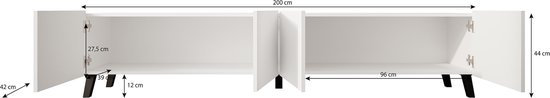 Afmetingen van een wit dressoir met open deuren en zwarte pootjes. Lengte 200 cm, breedte 42 cm, hoogte 44 cm.