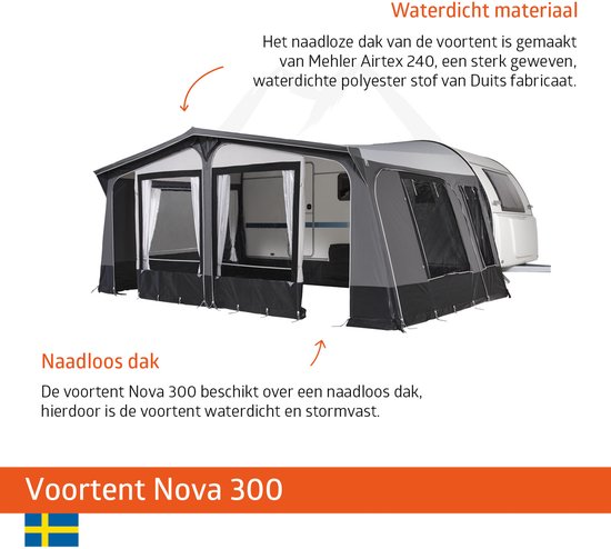 Campout Voortent Nova 300 - Zonneluifel - Zonwering - Caravan - Schroefloze Bevestiging - Inclusief Tochtstrook, Wielflap, Tentharingen, Ladderspanners en Opbergtas - YKK ritsen - Naadloos Dak - Omloopmaat 951-975 cm - Lichtgrijs van Campout — afbeelding 2