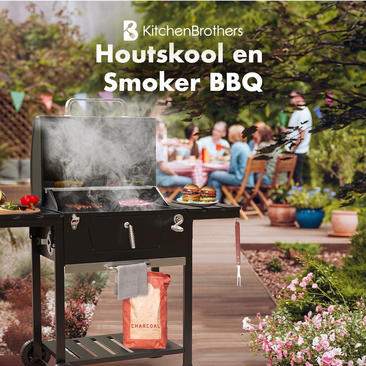 KitchenBrothers Houtskool BBQ - Smoker Barbecue - Verstelbaar Kolenrooster - PFAS Vrij - 42x57cm Grilloppervlak - Zijpanelen - Zwart – foto 2