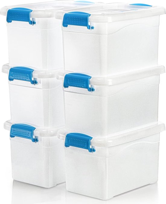 Set van 6 plastic opbergdozen, plastic opbergdoos van 6 liter met deksel, stapelbare afsluitbare dozen voor organisatie
