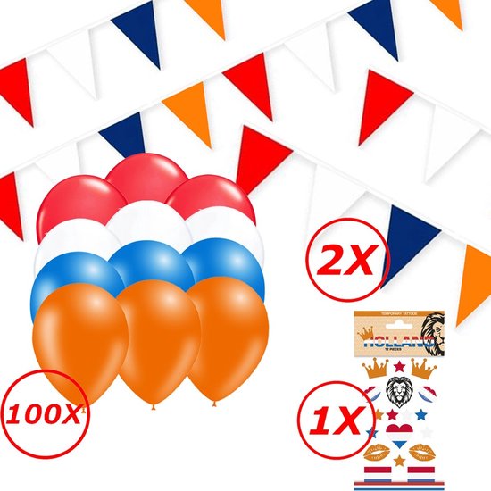 Feestpakket met 100x ballonnen in rood, wit, blauw, oranje en 2x slingers met oranje, rood, wit, blauwe vlaggetjes, 1x tijdelijke tatoeages.