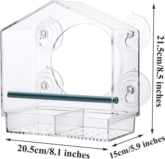 NEKOSUKI Transparant voederhuis voor vogels, vogelhuis, raam met zuignappen voor wilde vogels, vinken, kardinaal, bluebirds, vogelvoederhuis, 15 x 7 x
