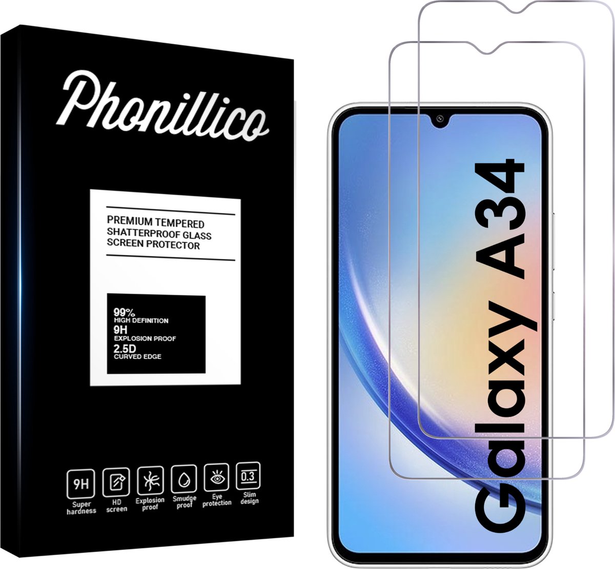 Screenprotector voor Samsung Galaxy A34 5G - 2 stuks Beschermglas van glas Transparante glazen schermbeschermfolie