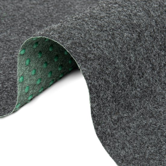 Tapis gris foncé avec un bord courbé et des picots verts en dessous.