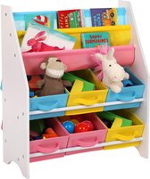 Kleine boekenkast voor kinderen, speelgoedplank met kleurrijke opbergdozen, 63 x 74 x 26,5 cm (B x H x D)