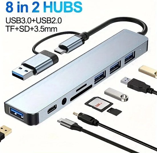 Ultieme Connectiviteit: 8-in-2 USB Hub met Kaartlezers, USB-C Poort, USB 3.0/2.0 en Docking Station - Computer